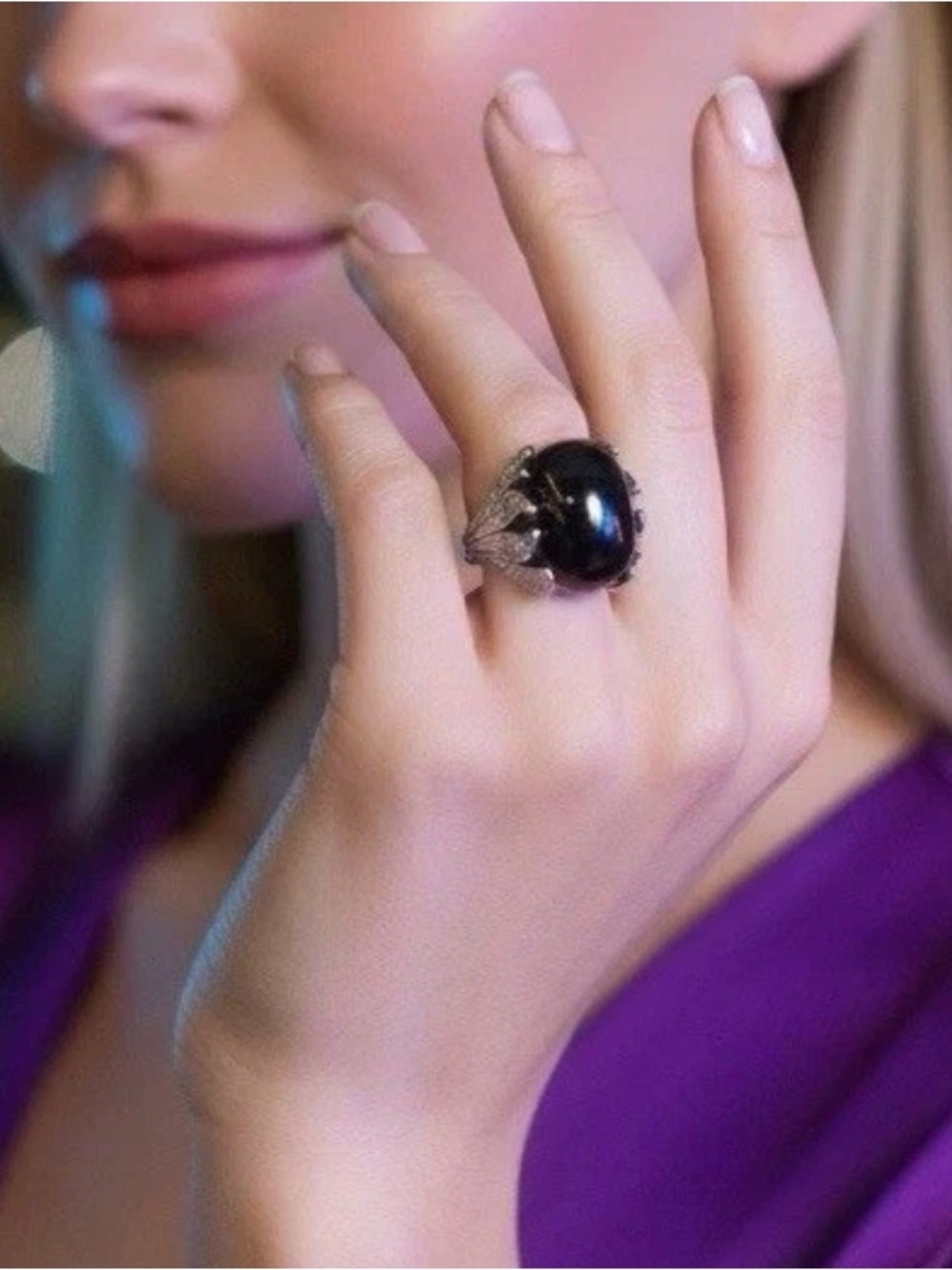 925 Sterling Silver Oversized Purple Cabochon Pavé Statement Cocktail Ring